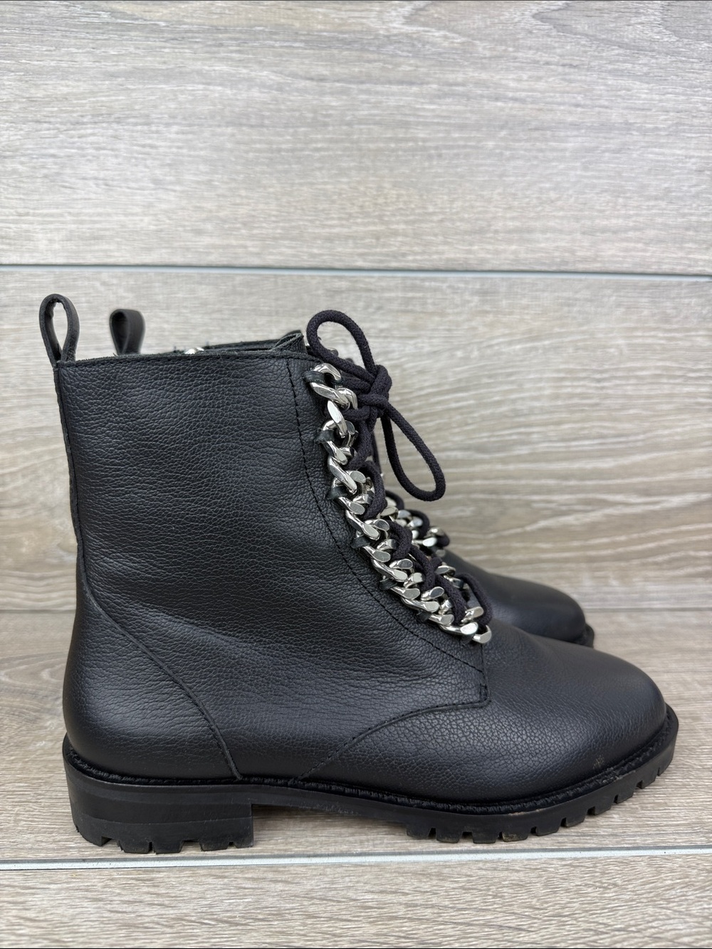 Rebecca Minkoff Black Pebbled Leather Women’s Sz 7.5M Chain Link Combat Boots